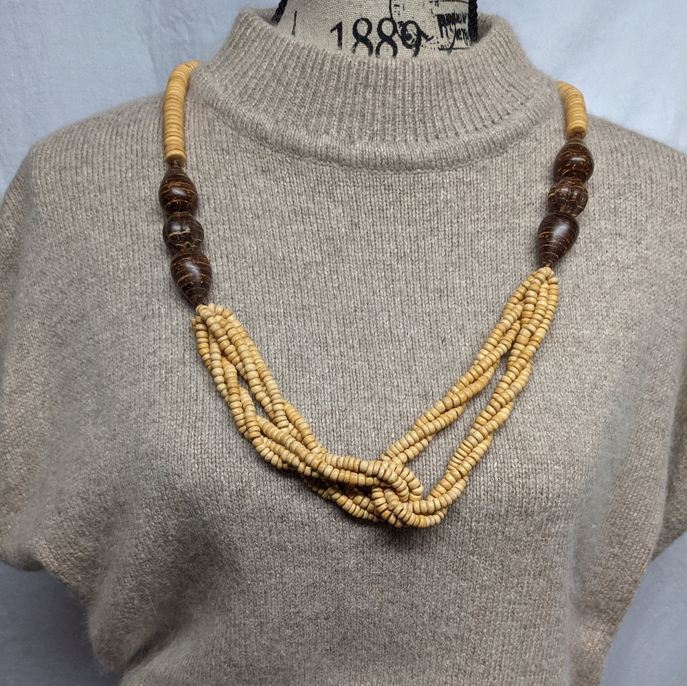 Statement Necklac Wood VINTAGE two tone with twist design & darker Beaded style
